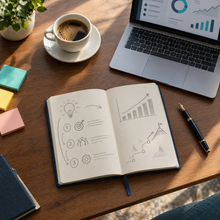 Load image into Gallery viewer, Business growth plan sketched in a notebook beside a laptop and coffee